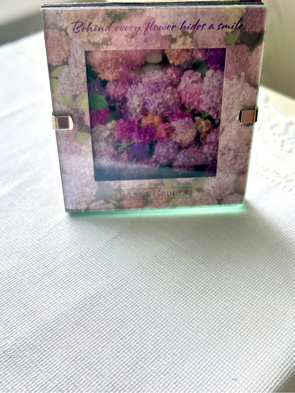 Hallmark Anne Geddes Glass Gallery Photo Frame Purple Lilacs 3” 1998 New In Box - Picture 7 of 11